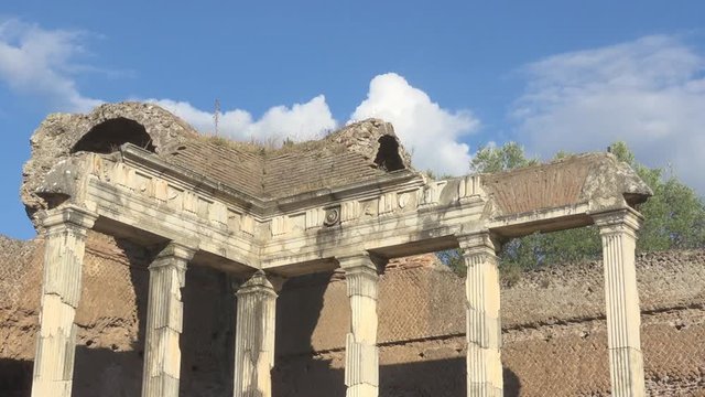 Hadrian’s Villa, Tivoli, Italy, detail of doric pillars. Beautiful and famous archaeological site in Rome. Travel, tourist destination, italian history, summer holidays in Europe