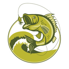 Bass Fish. Bass Fishing Lures. Bass Fishing tackle. Bass Fishing hook. Catching Bass Fish Vector. Fish Mascot. Fish Jumping Of Water. Perch Fishing Vector Illustration. Fish Jumping With Waves.