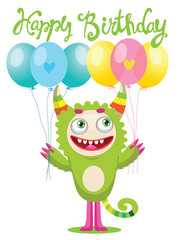 Cute Monster With Color Balloons Vector. Cartoon Cute Monster Vector Illustration. Funny Monster Birthday Greeting Card. Birthday Monster Theme.