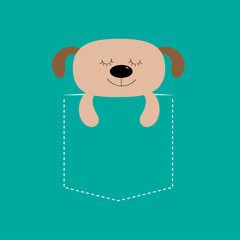 Bear sleeping in the pocket. Cute cartoon character. Dash line. Forest animal collection. T-shirt design. Blue background. Isolated. Flat