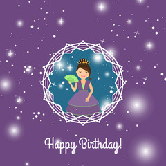 Happy Birthday greeting card template for girls with cartoon princess. Vector illustration