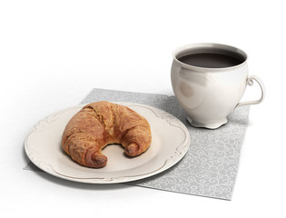 coffee and croissant 3d render on a white background
