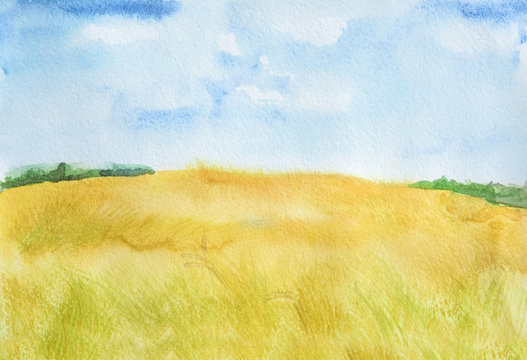Watercolor autumn landscape. Blue sky with yellow fields. Beautiful country landscape.