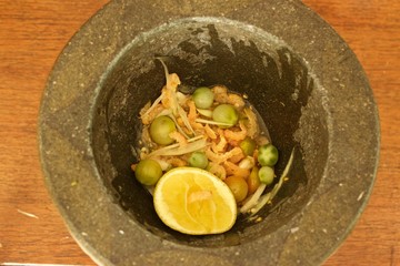 Som tum thai food Ingredients in mortar