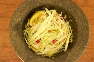 Som tum thai food Ingredients in mortar