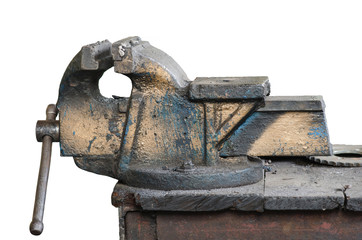 Old metal table vise clamp isolated on white background