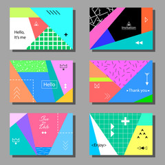 Set of artistic colorful universal cards. Wedding, anniversary, birthday, holiday, party. Design for poster, card, invitation. Memphis style vector illustration