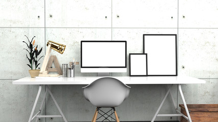 Creative Home Office, Modern Studio Or Contemporary Workspace Interior Mock up, Blank Desktop Computer Screen, Photo Frames, 3D Rendering, Concrete Panels Back Wall