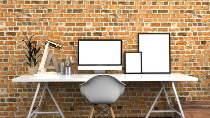 Creative Home Office, Modern Studio Or Contemporary Workspace Interior Mock up, Blank Desktop Computer Screen, Photo Frames, 3D Rendering, Red Bricks Back Wall