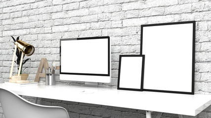 Creative Home Office, Modern Studio Or Contemporary Workspace Interior Mock up, Blank Desktop Computer Screen, Photo Frames, 3D Rendering, White Bricks Back Wall