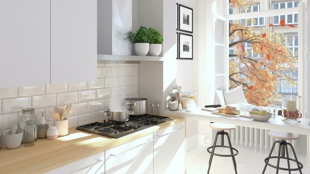 cinemagraph of nordic kitchen in an apartment. 3D rendering. autumn concept. loop.