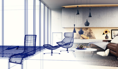 Interior Design - 3D render eines modernen Wohnzimmers (Skizze) - 122025273