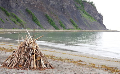 Fototapeta na wymiar Stacked wood for a big bonfire on the beach