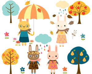 Cute Cartoon Bunnies with Autumn Trees, an Umbrella and Rain Clouds