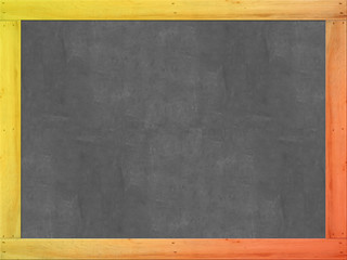 The empty black chalkboard/blackboard with red and yellow wood frame and traces removing or erase, background texture
