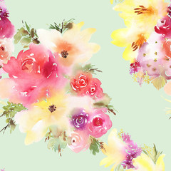 Fototapeta na wymiar Roses and lilies seamless pattern.