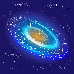 The Spiral Galaxy Shining in the Center. Star Background. Suitable for textile, fabric, packaging and web design. Vector Illustration.