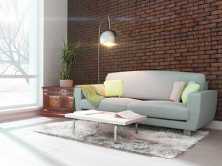 Modern bright interior . 3D rendering