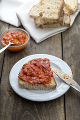 Slice of bread smeared with homemade chutney
