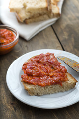 Slice of bread smeared with homemade chutney