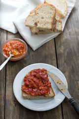 Slice of bread smeared with homemade chutney