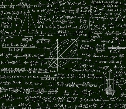 Math vector scientific technical seamless pattern with handwritten formulas, calculations, plots, signs, equations on a green 