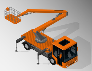 Vector isometric illustration of mobile elevating work platform. Equipment for maintenance of urban infrastructure.