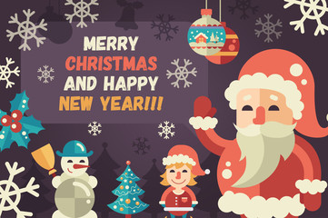 Merry Christmas and Happy New Year flat design card illistration