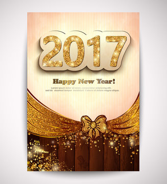 The gold glitter New Year 2017 flyer in modern style on a magic luxury wooden background 

