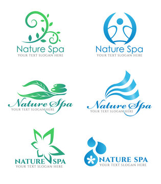 Flower leaf logo and water wave logo vector set design for Beauty natural spa salon business