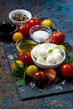 mozzarella, fresh vegetables and spices for preparation salad