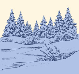  Vector sketch. Winter forest landscape with frozen river