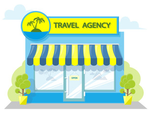 Facade travel agency. Signboard with emblem, awning and symbol in windows. Concept front shop for design banner or brochure. image in a flat design. Vector illustration isolated on white background