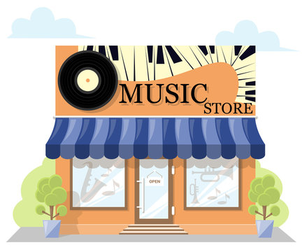 Facade music store with a signboard, awning and products in shopwindow. image in a flat design. Concept front shop for design brochure or banner. Vector illustration isolated on white background