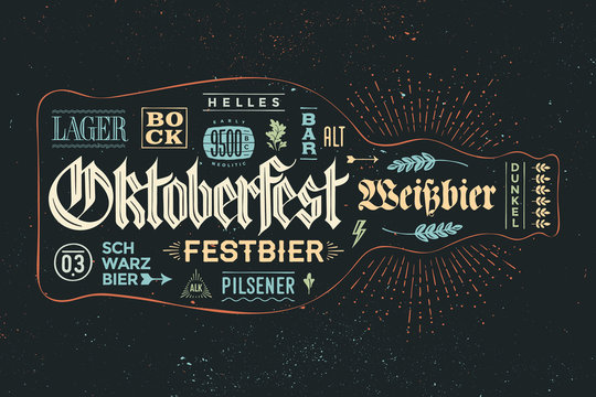 Fototapeta Bottle of beer with hand drawn lettering for Oktoberfest Beer Festival. Vintage drawing for bar menu, t-shirt print and beer themes. The name of beer, Varieties of beer in German. Vector Illustration