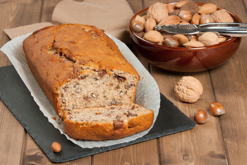 Homemade Banana Cake With Nuts And Chocolate.