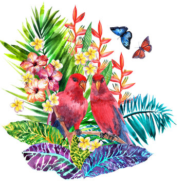 Tropical bouqet of flowers and red parrots, beautiful exotic card of tropical hibiscus flowers, plumeria, palm leaves, banana leaves, birds, flying butterflies. Watercolor painting illustration