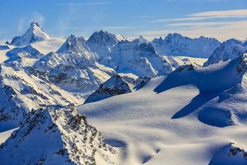 Amazing view of swiss famous moutains in beautiful winter snow.