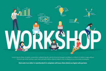 Workshop concept illustration of young people attending the professional workshop and brainstorming a new brand or concept. Flat design of guys and young women sitting on the big letters