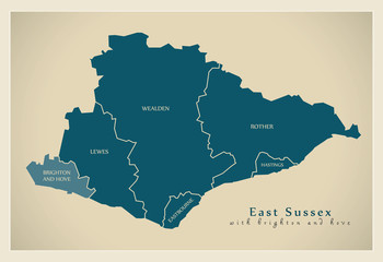 Modern Map - East Sussex county with brighton and districts labels UK © Ingo Menhard