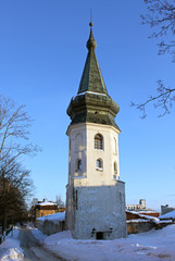 Obraz premium The Town Hall Tower in Vyborg, Russia in winter