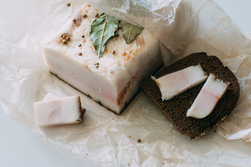 Sliced pork lard with bread. Traditional Ukrainian cuisine.