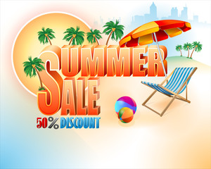 Seasonal design background with sunny sky, sun bed, parasol and 3d text for summer season sale, commercial event