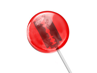 Red lollipop with shaving blade inside. Concept 3D illustration.