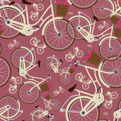 Seamless pattern with detailed city bicycles with a basket on the handlebars. Red background