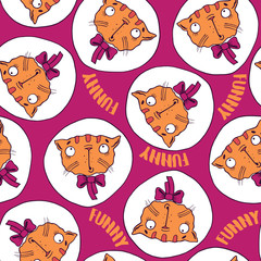 Seamless pattern with funny cats and purple pink background for children and kids. Handmade cartoon style