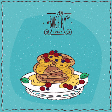 Stack of pancakes with honey and red berries, cherry or currant, lie on lacy napkin. Blue background and ornate lettering bakery. Handmade cartoon style