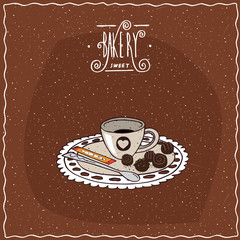 Little cute coffee cup and saucer, spoon, sugar stick and chocolate candies, lie on lacy napkin. Brown background and ornate lettering bakery. Handmade cartoon style