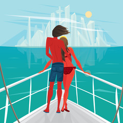 Tanned young couple standing on the deck of the ship and looks at the big modern city - End of holiday or Way home concept