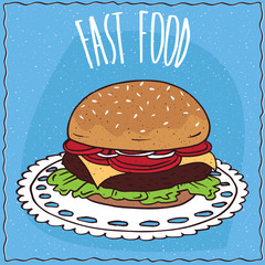 Classic steak burger with tomato, cheese, steak and lettuce, lie on a lacy napkin. Blue background and lettering Fast food. Handmade cartoon style